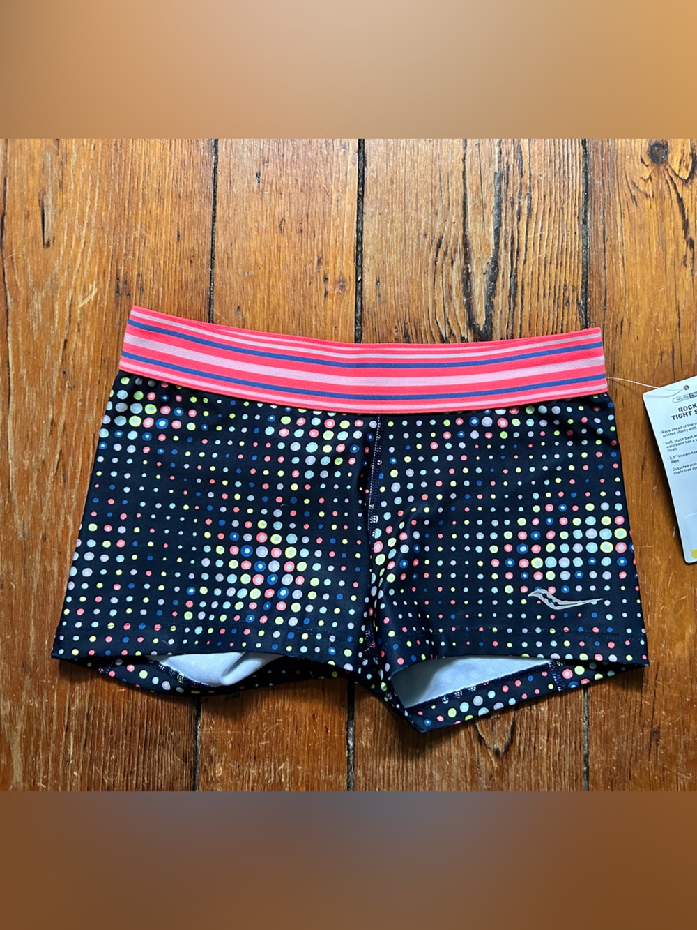 NWT Saucony Black Polka Dot Athletic Shorts with Pink-Striped Waistband Size Sm